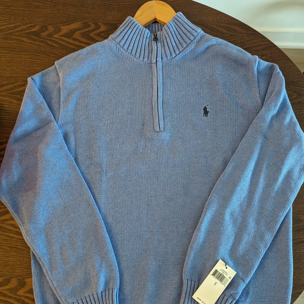Blue Polo Half Zip Pullover Sweater